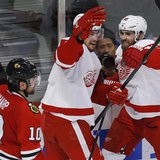 Detroit Red Wings' Brendan Smith (C) celebrates his goal with teammate Henrik Zetterberg as Chicago Blackhawks' Patrick Sharp (L) skates pas Detroit Red Wings' Brendan Smith (C) celebrates his goal with teammate Henrik Zetterberg as Chicago Blackhawks' Patrick Sharp (L) skates pas