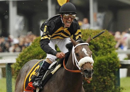Oxbow with jockey Gary Stevens in the irons takes first place at the 138th running of the Preakness Stakes at Pimlico Race Course in Baltimo Oxbow with jockey Gary Stevens in the irons takes first place at the 138th running of the Preakness Stakes at Pimlico Race Course in Baltimo