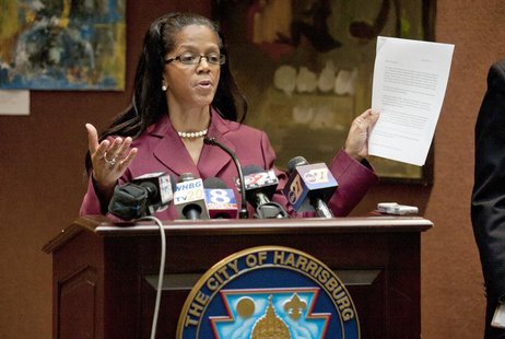 City of Harrisburg Mayor Linda Thompson speaks about her city's bankruptcy filing at a news conference at Harrisburg City Hall in Harrisburg City of Harrisburg Mayor Linda Thompson speaks about her city's bankruptcy filing at a news conference at Harrisburg City Hall in Harrisburg