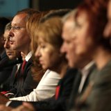Leader of the Bulgarian Socialist Party Sergei Stanishev (3rd L) speaks during a news conference at the National Palace of Culture in Sofia Leader of the Bulgarian Socialist Party Sergei Stanishev (3rd L) speaks during a news conference at the National Palace of Culture in Sofia