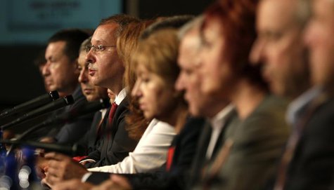 Leader of the Bulgarian Socialist Party Sergei Stanishev (3rd L) speaks during a news conference at the National Palace of Culture in Sofia Leader of the Bulgarian Socialist Party Sergei Stanishev (3rd L) speaks during a news conference at the National Palace of Culture in Sofia