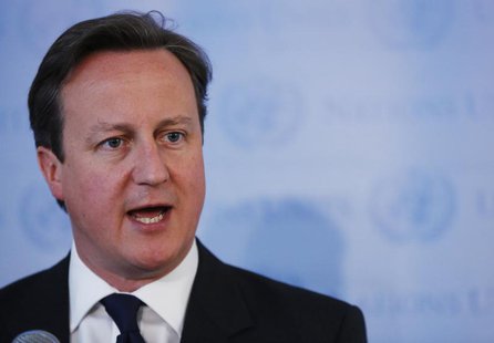 British Prime Minister David Cameron speaks during a news conference at the United Nations headquarters in New York May 15, 2013. REUTERS/Br British Prime Minister David Cameron speaks during a news conference at the United Nations headquarters in New York May 15, 2013. REUTERS/Br