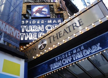 The marquee for the Broadway show "Spider-Man: Turn Off The Dark" is seen outside the Foxwoods Theatre in New York December 21, 2010. REUTER The marquee for the Broadway show "Spider-Man: Turn Off The Dark" is seen outside the Foxwoods Theatre in New York December 21, 2010. REUTER