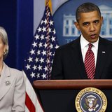 President Barack Obama makes a statement next to Secretary of HHS Kathleen Sebelius about contraceptive care funding in the press room of th President Barack Obama makes a statement next to Secretary of HHS Kathleen Sebelius about contraceptive care funding in the press room of th