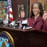 Harrisburg Mayor Linda Thompson speaks during a news conference in Harrisburg, Pennsylvania October 12, 2011. REUTERS/Daniel Shanken Harrisburg Mayor Linda Thompson speaks during a news conference in Harrisburg, Pennsylvania October 12, 2011. REUTERS/Daniel Shanken
