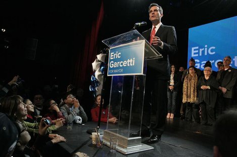 Los Angeles mayoral candidate Eric Garcetti speaks during an election night party at Avalon night club in Hollywood, California, March 5, 20 Los Angeles mayoral candidate Eric Garcetti speaks during an election night party at Avalon night club in Hollywood, California, March 5, 20
