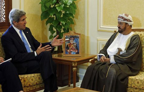 U.S. Secretary of State John Kerry (L) meets with Oman's Minister of Defense Sayyid Badr bin Saud al Busaidi in Muscat, Oman May 22, 2013. R U.S. Secretary of State John Kerry (L) meets with Oman's Minister of Defense Sayyid Badr bin Saud al Busaidi in Muscat, Oman May 22, 2013. R