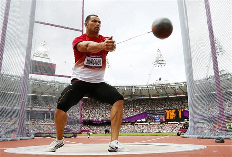 Japan's Koji Murofushi competes during Group A of the men's hammer throw qualifications in the London 2012 Olympic Games at the Olympic Stad Japan's Koji Murofushi competes during Group A of the men's hammer throw qualifications in the London 2012 Olympic Games at the Olympic Stad