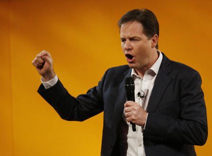 Britain's Deputy Prime Minister, and Leader of the Liberal Democrats, Nick Clegg, answers question during a question and answer session at t Britain's Deputy Prime Minister, and Leader of the Liberal Democrats, Nick Clegg, answers question during a question and answer session at t