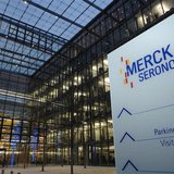 The new logo of bio pharmaceutical company Merck Serono SA is pictured outside the new headquarters in Geneva January 8, 2007. REUTERS/Denis