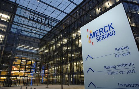 The new logo of bio pharmaceutical company Merck Serono SA is pictured outside the new headquarters in Geneva January 8, 2007. REUTERS/Denis The new logo of bio pharmaceutical company Merck Serono SA is pictured outside the new headquarters in Geneva January 8, 2007. REUTERS/Denis