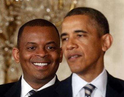 U.S. President Barack Obama explains that Charlotte, N.C., Mayor Anthony Foxx (L) will be his nominee to replace Ray LaHood as U.S. Transpor U.S. President Barack Obama explains that Charlotte, N.C., Mayor Anthony Foxx (L) will be his nominee to replace Ray LaHood as U.S. Transpor