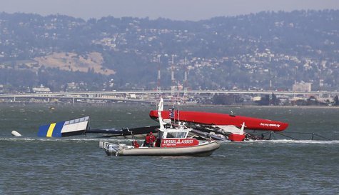 The Artemis Racing yacht is towed to shore after capsizing in the San Francisco Bay, May 9, 2013. REUTERS/Jed Jacobsohn The Artemis Racing yacht is towed to shore after capsizing in the San Francisco Bay, May 9, 2013. REUTERS/Jed Jacobsohn