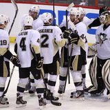 Pittsburgh Penguins goalie Tomas Vokoun (R) is congratulated by teammates after the Penguins defeated the Ottawa Senators in Game 4 of their Pittsburgh Penguins goalie Tomas Vokoun (R) is congratulated by teammates after the Penguins defeated the Ottawa Senators in Game 4 of their