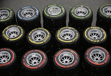 Pirelli tyres are seen in the paddock as it rains ahead of the first practice session of the Singapore F1 Grand Prix at the Marina Bay Stree Pirelli tyres are seen in the paddock as it rains ahead of the first practice session of the Singapore F1 Grand Prix at the Marina Bay Stree