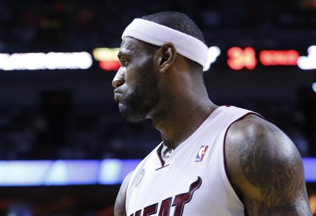 Miami Heat's LeBron James reacts during Game 1 of their NBA Eastern Conference final basketball playoff against the Miami Heat in Miami, Flo Miami Heat's LeBron James reacts during Game 1 of their NBA Eastern Conference final basketball playoff against the Miami Heat in Miami, Flo