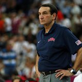 The U.S. head coach Mike Krzyzewski watches his team against Spain during their men's gold medal basketball match at the North Greenwich Are The U.S. head coach Mike Krzyzewski watches his team against Spain during their men's gold medal basketball match at the North Greenwich Are