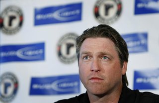 Hall of Fame NHL goalie Patrick Roy listens to a question during a news conference at the Colisee de Quebec in Quebec City, May 27, 2009. RE