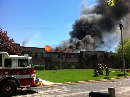Firefighters battle an apartment complex fire at 3415 Hilltop Way in Allouez on May 23. 2013. (Photo taken by Reporter Terry Lee). Firefighters battle an apartment complex fire at 3415 Hilltop Way in Allouez on May 23. 2013. (Photo taken by Reporter Terry Lee).