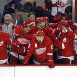 The Detroit Red Wings bench celebrate an empty net goal by Daniel Cleary against the Chicago Blackhawks in the final minute of Game 4 of the The Detroit Red Wings bench celebrate an empty net goal by Daniel Cleary against the Chicago Blackhawks in the final minute of Game 4 of the
