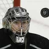 Los Angeles Kings goalie Jonathan Quick keeps his eyes on the puck as he makes a save against the San Jose Sharks in the 2nd period during G Los Angeles Kings goalie Jonathan Quick keeps his eyes on the puck as he makes a save against the San Jose Sharks in the 2nd period during G
