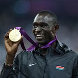 Gold medallist David Lekuta Rudisha of Kenya shows his medal during the presentation ceremony for the men's 800m event at the London 2012 Ol Gold medallist David Lekuta Rudisha of Kenya shows his medal during the presentation ceremony for the men's 800m event at the London 2012 Ol