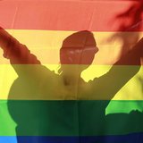 The shadow of a gay rights activist is seen behind a flag as she takes part in a march across Kiev May 25, 2013. REUTERS/Gleb Garanich The shadow of a gay rights activist is seen behind a flag as she takes part in a march across Kiev May 25, 2013. REUTERS/Gleb Garanich