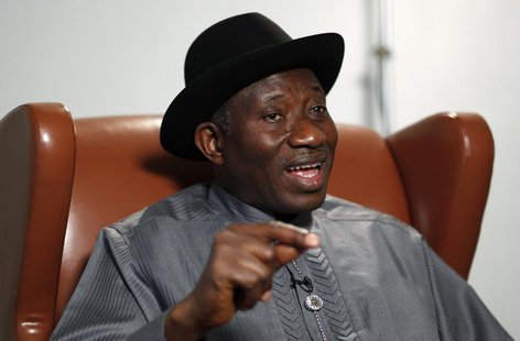 Nigeria's President Goodluck Jonathan speaks during an interview with Reuters in New York, September 26, 2012. REUTERS/Eduardo Munoz Nigeria's President Goodluck Jonathan speaks during an interview with Reuters in New York, September 26, 2012. REUTERS/Eduardo Munoz