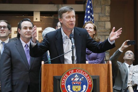 Colorado Governor John Hickenlooper (C) speaks before he signs into law the civil unions act in Denver March 21, 2013. REUTERS/Rick Wilking Colorado Governor John Hickenlooper (C) speaks before he signs into law the civil unions act in Denver March 21, 2013. REUTERS/Rick Wilking