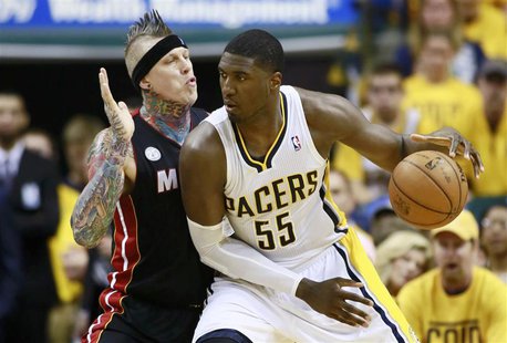 Indiana Pacers' Roy Hibbert (R) works against Miami Heat's Chris Andersen during the fourth quarter in Game 4 of their NBA Eastern Conferenc Indiana Pacers' Roy Hibbert (R) works against Miami Heat's Chris Andersen during the fourth quarter in Game 4 of their NBA Eastern Conferenc