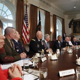 Senior White House Advisor Valerie Jarrett (L) attends a meeting with U.S. President Barack Obama (C) on sexual assault in the military at t