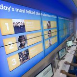 The Social Media Command Center software, powered by the Salesforce Marketing Cloud, monitors and displays social media traffic during the f The Social Media Command Center software, powered by the Salesforce Marketing Cloud, monitors and displays social media traffic during the f