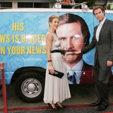 Actor Will Ferrell and actress Christina Applegate pose next to a "news van" which they arrived in for the premiere of their new comedy film