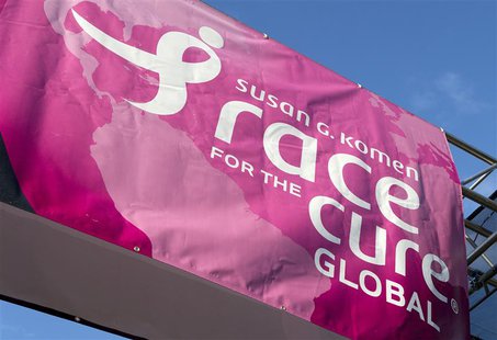 A sign for the Susan G. Komen Foundation's 2012 Race for the Cure is displayed in Washington June 2, 2012. REUTERS/Joshua Roberts A sign for the Susan G. Komen Foundation's 2012 Race for the Cure is displayed in Washington June 2, 2012. REUTERS/Joshua Roberts