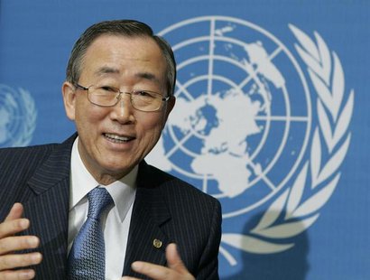 U.N. Secretary-General Ban Ki-moon gestures during a news conference during the U.N. Global Compact Leaders Summit at the United Nations eur U.N. Secretary-General Ban Ki-moon gestures during a news conference during the U.N. Global Compact Leaders Summit at the United Nations eur