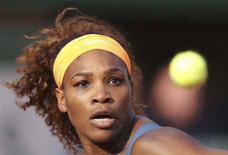 Serena Williams of the U.S. eyes the ball during her women's singles semi-final match against Sara Errani of Italy at the French Open tennis Serena Williams of the U.S. eyes the ball during her women's singles semi-final match against Sara Errani of Italy at the French Open tennis