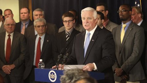 Pennsylvania Governor Tom Corbett speaks at a news conference on the Penn State campus in State College, Pennsylvania January 2, 2013. REUTE Pennsylvania Governor Tom Corbett speaks at a news conference on the Penn State campus in State College, Pennsylvania January 2, 2013. REUTE