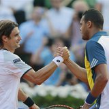 David Ferrer (L) of Spain shakes hands with Jo-Wilfried Tsonga of France after winning their men's singles semi-final match during the Frenc