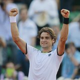 David Ferrer of Spain celebrates defeating Jo-Wilfried Tsonga of France in their men's singles semi-final match during the French Open tenni