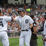 Detroit Tigers OF Don Kelly (C) is congratulated by 3B Miguel Cabrera (L) and 1B Prince Fielder (R) after his three-run homer in the sixth inning enabled the Bengals to beat Cleveland, 4-1, at Comerica Park on June 9, 2013. (photo courtesy Detroit Tigers) Detroit Tigers OF Don Kelly (C) is congratulated by 3B Miguel Cabrera (L) and 1B Prince Fielder (R) after his three-run homer in the sixth inning enabled the Bengals to beat Cleveland, 4-1, at Comerica Park on June 9, 2013. (photo courtesy Detroit Tigers)