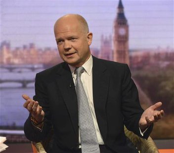Britain's Foreign Secretary William Hague speaks on the BBC's Andrew Marr Show, presented by Sophie Raworth, in this photograph provided by the BBC, in London June 9, 2013. Credit: Reuters/Jeff Overs/BBC/Handout via Reuters
Britain's Foreign Secretary William Hague speaks on the BBC's Andrew Marr Show, presented by Sophie Raworth, in this photograph provided by the BBC, in London June 9, 2013. Credit: Reuters/Jeff Overs/BBC/Handout via Reuters