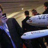 Aircraft models are seen following a news conference to announce the sale of Virgin Atlantic airline to Delta Air Lines, in New York Decembe