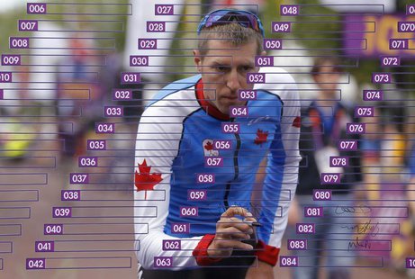 Canada's Ryder Hesjedal signs his name at the start of the men's cycling road race at the London 2012 Olympic Games July 28, 2012. REUTERS/P Canada's Ryder Hesjedal signs his name at the start of the men's cycling road race at the London 2012 Olympic Games July 28, 2012. REUTERS/P