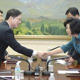 Head of South Korean delegation for an inter-Korean working-level talks, Chun Hae-sung (L) shakes hands with his North Korean counterpart Ki Head of South Korean delegation for an inter-Korean working-level talks, Chun Hae-sung (L) shakes hands with his North Korean counterpart Ki