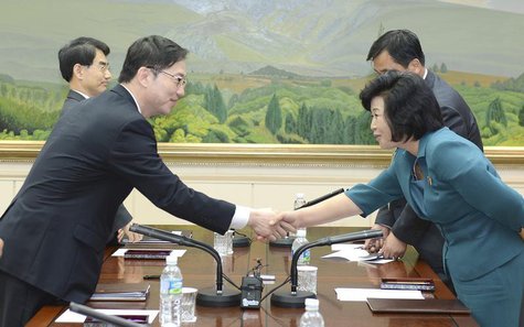 Head of South Korean delegation for an inter-Korean working-level talks, Chun Hae-sung (L) shakes hands with his North Korean counterpart Ki Head of South Korean delegation for an inter-Korean working-level talks, Chun Hae-sung (L) shakes hands with his North Korean counterpart Ki