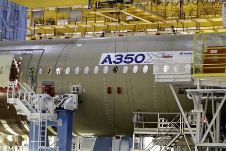 The main body section of the first Airbus A350 is seen on the final assembly line in Toulouse, southwestern France, October 23,2012. REUTERS The main body section of the first Airbus A350 is seen on the final assembly line in Toulouse, southwestern France, October 23,2012. REUTERS