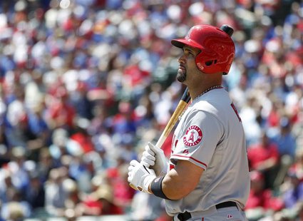 Los Angeles Angels' Albert Pujols prepares to bat against the Texas Rangers in the fourth inning of their MLB American league baseball game Los Angeles Angels' Albert Pujols prepares to bat against the Texas Rangers in the fourth inning of their MLB American league baseball game