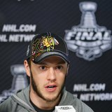 Chicago Blackhawks center Jonathan Toews answers a question from the media during a news conference for the NHL Stanley Cup finals to be pla Chicago Blackhawks center Jonathan Toews answers a question from the media during a news conference for the NHL Stanley Cup finals to be pla