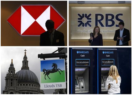 A combination of four photographs shows (top L-R) a worker silhouetted against an illuminated sign in a branch of HSBC; Two people walking o A combination of four photographs shows (top L-R) a worker silhouetted against an illuminated sign in a branch of HSBC; Two people walking o
