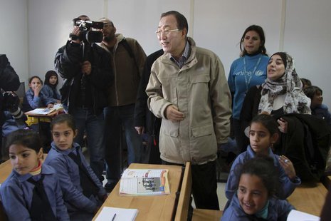 United Nations (U.N.) Secretary-General Ban Ki-moon speaks with children during his visit to a U.N.-run school in Al Zaatri refugee camp, in United Nations (U.N.) Secretary-General Ban Ki-moon speaks with children during his visit to a U.N.-run school in Al Zaatri refugee camp, in